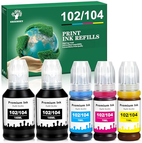 GREENSKY 102-104 Encre à Colorant - Bouteilles d'encre Compatibles avec Epson 102 et 104 Multipack pour Epson EcoTank ET-2850, ET-2720, ET-2750, ET-2810, ET-2856, ET-2862, ET-2870, ET-3850, ET-4800
