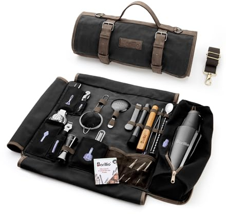 Barillio Bartender Kit Bag with Black Cocktail Shaker Set - Waxed Canvas, Traveling Bar Tools Bag with 17-Pc Cocktail Kit - Travel Mixology Bartending Kits - Mobile Bar Roll with Strap & Accessories