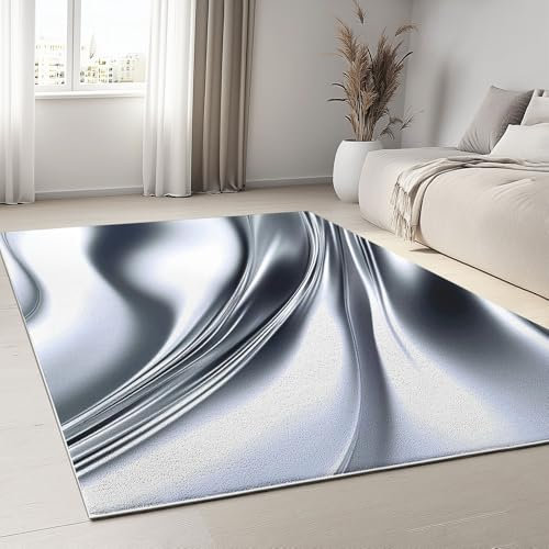 Generisch Abstrakte Wirbelflüssigkeit Teppich Kurzflor Modern 100 x 160 cm langlebig und pflegeleicht Teppiche, Silber In und Outdoor Wohnzimmer ideal für Küche Flur