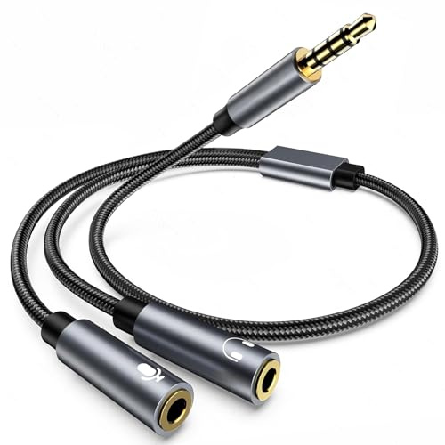 Avigers 3.5mm Headset Splitter, 2 Female to 1 Male, Braided | Two female ports for headset and microphone to one 3.5mm male plug, braided cable for PC, laptop and gaming