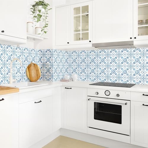 micasia Crédence de cuisine adhésive imperméable à motifs sans joint revêtement mural ornements film rigide mat bleu fond de hotte imitation carrelage 1958 (300x70cm)