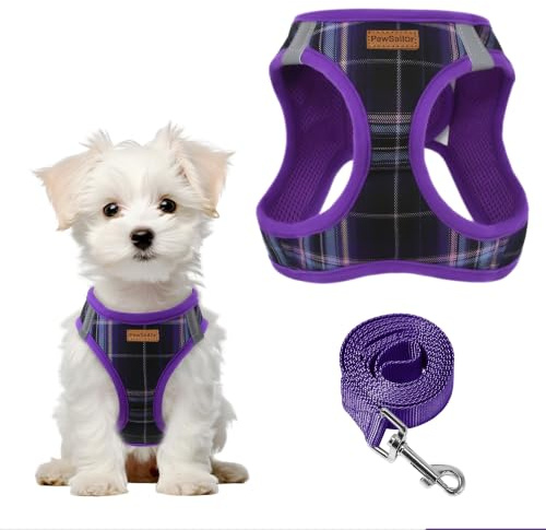 PawSailor Step-in Hundegeschirr Klein Hunde Anti-Zug Welpengeschirr, Lila | Gepolstert Verstellbar Brustgeschirr mit Leine, Atmungsaktiv Mesh, Reflektierend Karomuster für Kleine & Mittelgroße Hunde, M