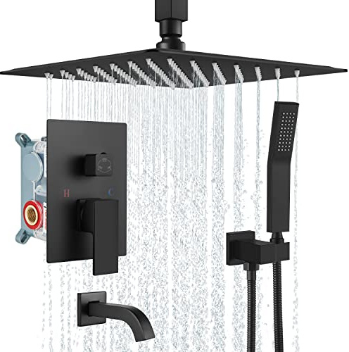 Shower System Head 12 Inch Matte Black Ceiling Mount Rain Set with Handheld Spray and Tub Filler Luxury High Pressure Faucet Combo Set Brass Rough-in Valve Included Bathroom LWX