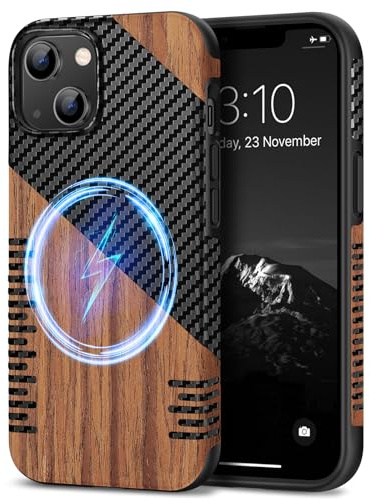 TENDLIN Coque Magnétique Compatible avec iPhone 13 Mini Etui Hybride en Bois et Carbone et Cuir Compatible avec MagSafe (Twill)