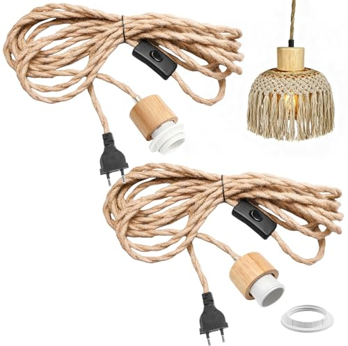 GBKDQQ Lámpara colgante vintage con enchufe, 2 portalámparas E27 con cable, 450 cm, cable de cuerda de cáñamo, extensión de cable de lámpara de estilo industrial con interruptor, lámpara colgante DIY