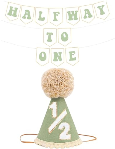 Yoljun 1/2 Geburtstagshut und Banner, Halfway to One Dekoration 6 Monate baby Deko für Jungen und Mädchen, 1/2 Geburtstag Baby Hut Süße Kegel Hüte mit Pompons Monat, Foto-Requisiten (Grün)
