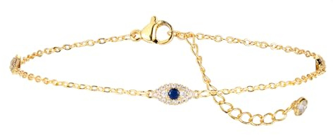 Tucnoeu Evil Eye Anklet Gold Anklets for Women - 14K Gold Plated Foot Jewelry with Dainty Blue Cubic Zirconia Evil Eye Charm, Adjustable Ankle Bracelet for Women