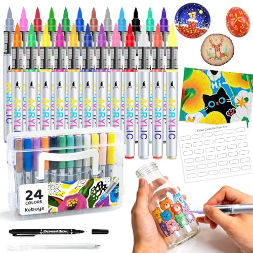 Acrylic Paint Pens Brush Tip - Water Based Acrylic Markers 24 Colour Paint Pens for Painting Colouring on Glass Rock Fabric Wood Ceramic Stone Plastic Metal - Permanent Waterproof Art Marker for Kids