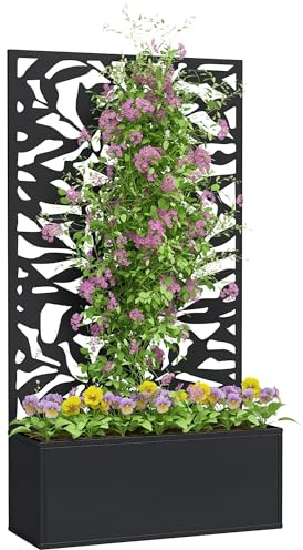 Outsunny Letto per Orto Rialzato da Esterno Motivi Foglie Piene Intagliate | Traliccio a Spalliera, Piante Rampicanti, Montaggio Parete o Autoportante, Metallo, Piante e Fiori, 61x23x113 cm, Nero