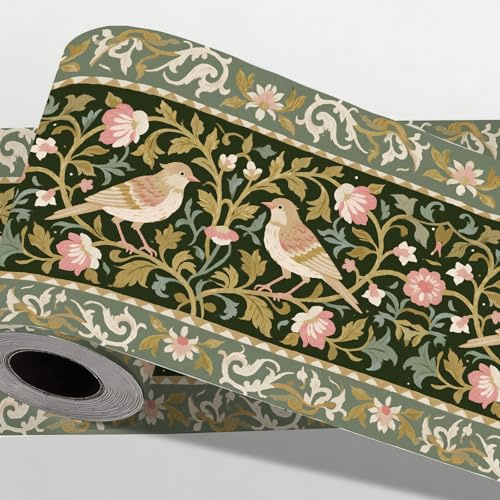 CONCHLERY Plants Birds Vintage Wallpaper Border 197 Inch | Peel and Stick Vintage Bird Wallpaper Border Removable Self Adhesive for Bedroom Living Room and Office