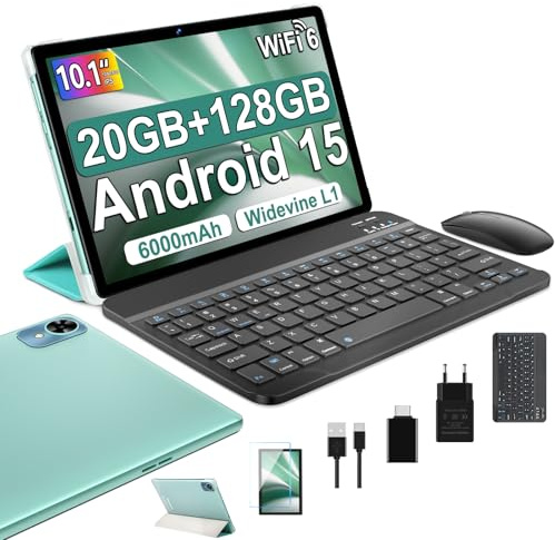 Tablet 10 Pulgadas Android 15, 20GB+128GB con Funda, Teclado y Ratón-Verde | Tablet PC Octa-Core,Widevine L1,6000mAh,5G WiFi 6,BT5.0, 8MP+5MP, Type-C, TF 2TB