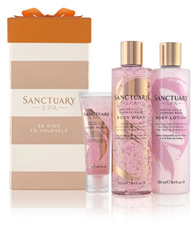 Sanctuary Spa Gift Set, White Lily and Damask Rose Gift for Her, with Shower Gel, Body Scrub and Body Lotion, Gifts for Women, Pamper Gift, 100106868