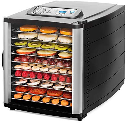 riviera&bar Déshydrateur Électrique 800W - 10 Plateaux Inox avec Température Réglable et Minuterie 24h - Accessoires Inclus - Compatible Lave-Vaisselle - Idéal pour Fruits, Légumes et Viandes - Noir