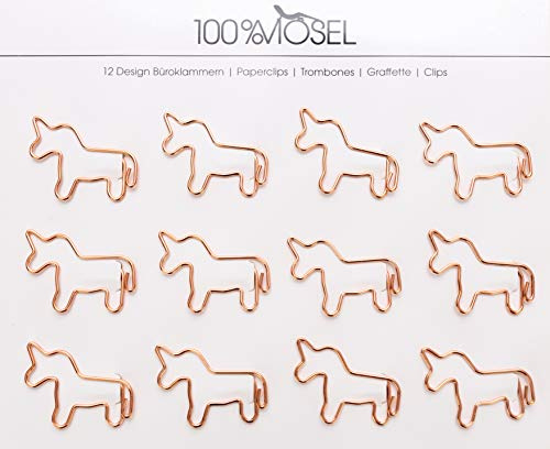 100% Mosel Büroklammern Roségold, 12 Stück, in Einhornform (3,8 x 2,8 cm) | Edle Klammern aus Metall, modernes Accessoire fürs Büro/Homeoffice, elegante Deko zu besonderen Anlässen
