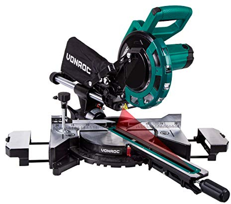 VONROC Scie à Onglet Radiale 2000W - Lame de Scie Ø 216 mm 40 Dents, Largeur de Coupe 340 mm - Laser, LED, 2 Rallonges de Table Inclus - Bras de Guidage à Double Roulement, Précision Planches Larges