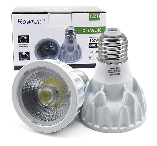 Rowrun PAR20 LED Bulb 12W Dimmable 6000K Daylight White, COB Spotlight 24° Beam Angle, 1200LM 100W Equivalent, E26 Base for Recessed Lighting, Track Lights, Flood Lamps, (2-Pack)