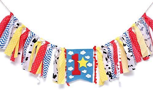 WAOUH Highchair Banner for 1st Birthday - First Baby Party Theme Decoration, Fabric Garland Cake Smash Photo Prop, Souvenir and Gifts (Blue Boy Girl Banner)