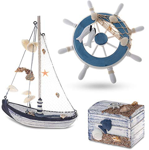 Flanacom Maritime Badezimmer Deko 3er Set - Steuer-Rad, Segel-Schiff und Schatz-Truhe aus Holz - liebevoll gestaltete Badaccessoires mit Details (Design 2-3)