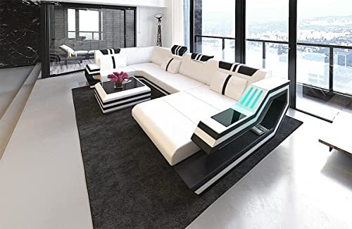Wohnlandschaft Ravenna Sofa U Form Ledersofa - mit LED Beleuchtung, verstellbare Kopfstützen, Recamiere/Lederfarben wählbar/Ausrichtung wählbar (Ottomane rechts, Weiß-Schwarz)