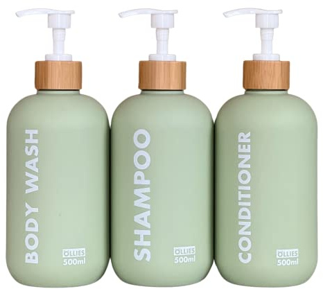 OLLIES Shampoo- und Spülungsspender, Duschseifenspender für Badezimmer, 3er-Set mit permanentem, stilvollem Etikett, 500 ml, nachfüllbare Shampoo- und Conditioner-Flaschen, Grün