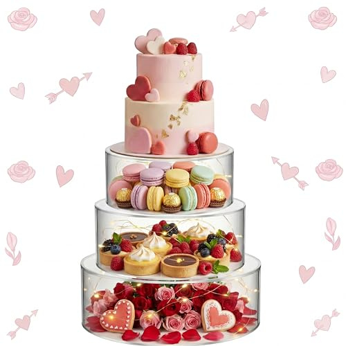 Sintuff Tortenständer aus Acryl mit LED-Lichtern, 20,3 cm, 25,4 cm, 30,5 cm, 30,5 cm, transparent, befüllbar, rund, 3 Etagen, Zylinderbox für Hochzeit, Geburtstag, Urlaub, Party, 3 Größen