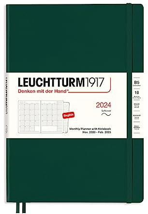 LEUCHTTURM1917 367561 Monatsplaner mit Notizbuch, Softcover, Composition (B5) 2024, 16 Monate, Forest Green, English