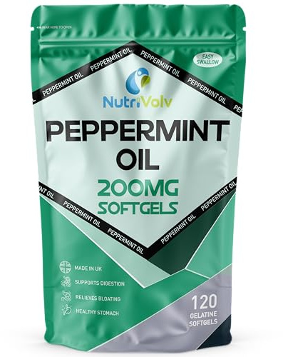 Nutrivolv Peppermint Oil 200mg | 120 Softgels | Fast Stomach & Bowel Relief | Healthy Digestion Support | Natural Peppermint Oil | Gelatine Capsules for Bloating, IBS, Gas, Nausea & Indigestion