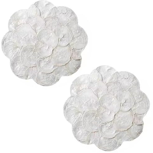 i-lan set of 2 decorative placemats 12 inch – mother of pearl scalloped wood charger plates with white shell inlay for dining table wall decor and party display