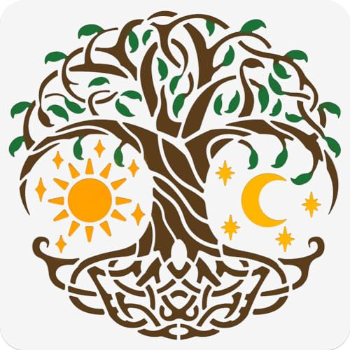 NBEADS Mystic Tree Malschablone, Mond-Sonne-Stern Wiederverwendbare PET-Malvorlagen DIY Kunsthandwerk Malerei Wand Schablonen Schneiden für Malerei auf Holz Leinwand Papier Möbel Wand, 30×30cm