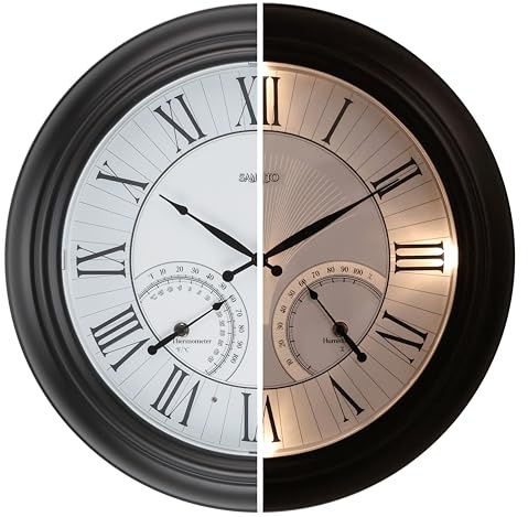 Samilito Beleuchtete Wanduhr für den Innen- und Außenbereich, wasserdicht, große Uhr mit Thermometer und Hygrometer für Garten, Terrasse, Pool,