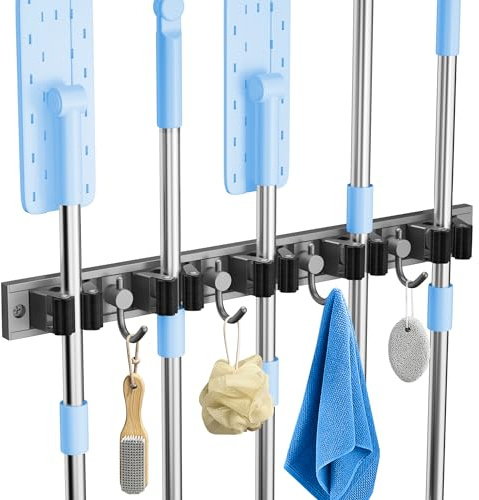 romise Mop Broom Holder Wall mounted, Adjustable Heavy Duty Broom Gripper, Brush Tool Holder With 5 Broom Clips and 4 Hooks, Perfect Storage Solutions for Utility Room, Launry Room, Garage and Garden