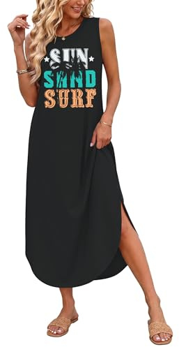 AUSELILY Somriga lediga maxiklänningar för strand, täckande solklänningar för kvinnor, ärmlös, lång t-shirtklänning, S
