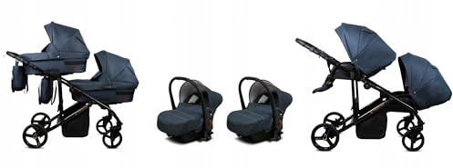BabyLux® Kinderwagen Set 3 in 1 für Zwillinge - Trailux Duo - Antracyt - incl. Babywanne, Buggy Sportsitz, Auto-Babyschale - Autositz - Geschwisterwagen Zwillingskinderwagen mit Wickeltasche