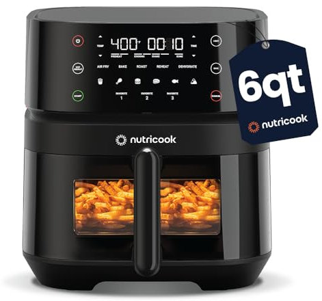 Nutricook Friggitrice ad aria 3 Vision, 6qt Large Airfryer, 12 funzioni preimpostate, friggere ad aria, arrostire, cuocere, disidratare, riscaldare e molto altro, silenziosa, antiaderente, facile da