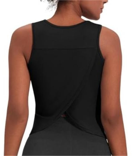 Weardear Dam sport linne ärmlös crop top träning yoga skuren muskel tank öppen rygg skjortor, svart, L