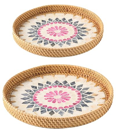 Mnaocz 2Pcs Round Rattan Tray with Mother of Pearl Inlay, Bohemian Style Serving Tray, Woven Wicker, Decorative Wicker Basket for Bread, Fruit, Coffee, Storage and Display