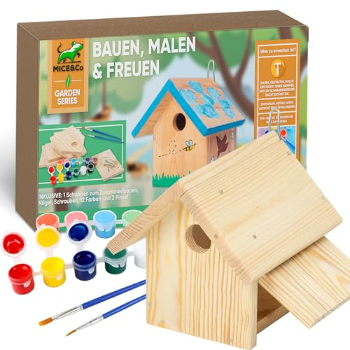 Mice&Co Casetta per Uccelli Fai Da Te - Casa Uccellini in Legno per Dipingere, Kit Montaggio con Set di Pittura, Casa Uccelli Dipingere Esterno | Casetta DIY per Giardino, Riparo per Uccelli