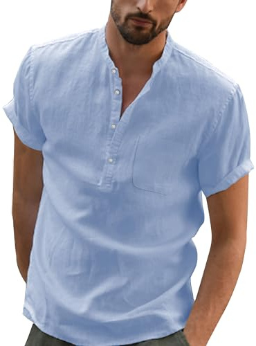 DUOLUVA Leinen Hemd Herren Kurzarm Sommer Shirt Männer Henley mit Brusttasche Universal Fit