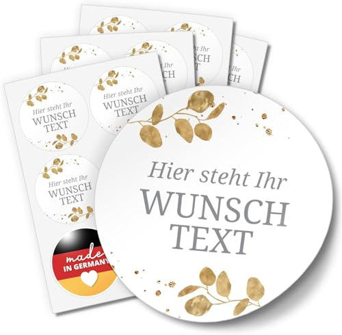 24 PERSONALISIERTE Aufkleber mit Wunschtext individualisiert anpassbar Namen Datum Etiketten rund 4cm, Eukalyptus Goldoptik