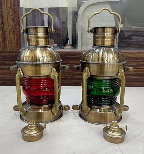 Juego de 2 faroles de aceite de cristal rojo y verde con acabado antiguo, estilo náutico, estilo vintage, para colgar en la pared