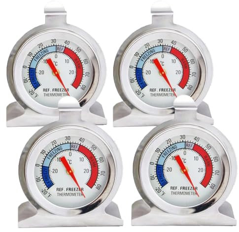 PGKDYC 4-Pack Stainless Steel Refrigerator Freezer Thermometer UK, Large Dual-Scale Dial with Hanging Hook & Stand, Fridge Temperature Thermometer for Food Safety, Freezer Monitoring & Kitchen Use