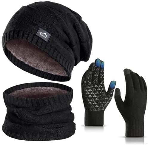 KIRAAT Wintermütze, Schal und Touchscreen-Handschuhe Set für Herren und Damen,Slouchy Strick-Skikhut und Nackenwärmer mit Fleece-Futter für Unisex