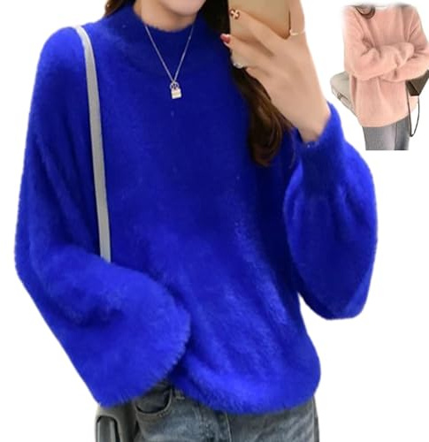 Pull d'hiver en cachemire mélangé angora pour femme - Pull chaud et ample - Couleur unie - Col rond - Pull moelleux, bleu, taille unique