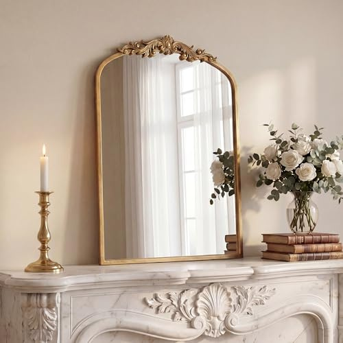 PERFNIQUE Vintage Mirror, 30 X 19 Arched Antique Baroque Mirror, Gold Traditional Wall Decor, Ornate Decor Anthro Look Alike Decor for Bathroom Living Room Fireplace Entryway Mantle Hallway