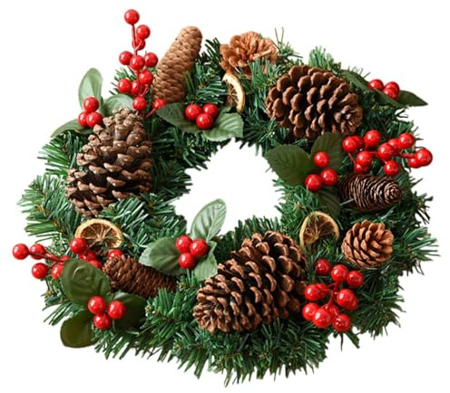 Corona di Natale 45 cm - Corona artificiale con pigne e bacche rosse, corona di pino imitazione verde | Decorazione natalizia per porte d'ingresso, finestre, pareti e cappotti, corona d'inverno