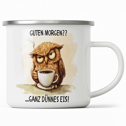 miKalino Emaille Tasse Lustige Eule Guten Morgen ganz dünnes Eis mit Name personalisiert & Motiv | Geschenkidee (7500)-weisssilber