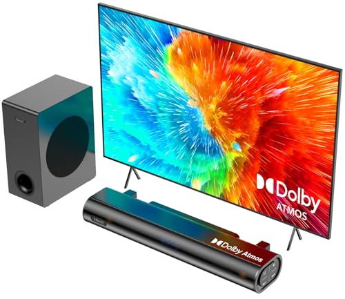 Hiwill - Barra de sonido Dolby Atmos de 2,1 canales con subwoofer, potencia máxima de 200 W, barra de sonido de cine en casa para Smart TV, agudos y graves ajustables, diálogo claro, HDMI eARC/ARC/Opt