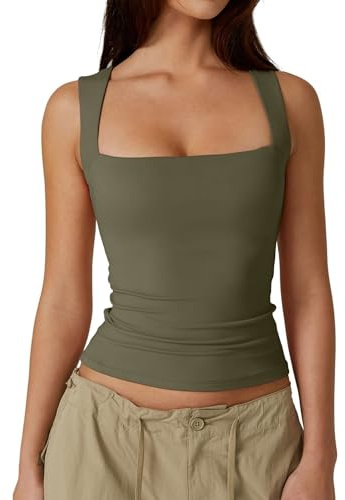 Vest Tank Tops for Women UK Summer Ladies Sleeveless Crop Top Sexy Square Neck Baisc Tight T-Shirt (Army Green,S)