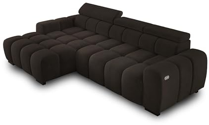 Ecksofa OMBO 285x168x77/97 cm, Linke Seite Mit Schlaffunktion, Elektrisch Ausziehbarer Sitzfläche, Verstellbaren Kopfstützen, Dunklen Buchenholzfüßen, Hydrophobem SALVADOR-Bezugstoff - Olivgrün