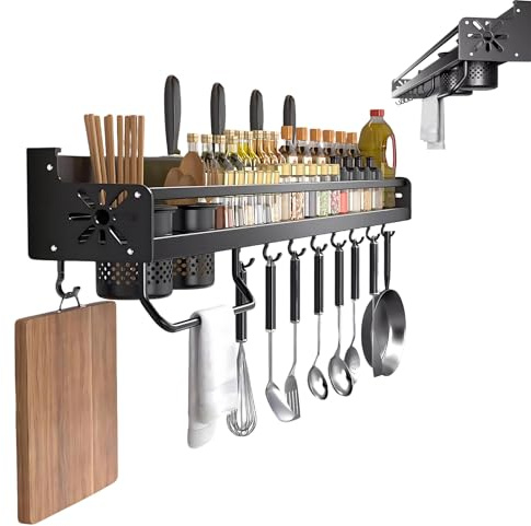 Spalivivre Étagère Murale Cuisine sans Percer, Étagère à épices Murale Gain de Place 50 cm, Organisateur Multifonction avec Porte-Épices, Porte-Ustensiles et 8 Crochets, Noir